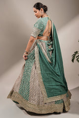 Olive Green Multi-Tonal Chinon Lehenga featuring Sequin-Highlight Pleated Skirt