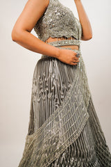 Metallic Green Smocked Satin Lehenga Set with Mirror-Embellished High-Neck Blouse