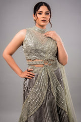 Metallic Green Smocked Satin Lehenga Set with Mirror-Embellished High-Neck Blouse