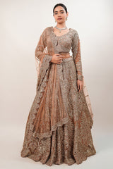 Rose Gold Beige Net Lehenga with Heavily Handcrafted Work
