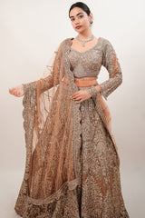 Rose Gold Beige Net Lehenga with Heavily Handcrafted Work
