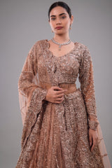 Rose Gold Beige Net Lehenga with Heavily Handcrafted Work