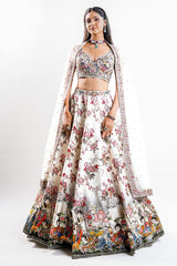 White Silk Printed Lehenga Set Featuring Miniature Painted Border