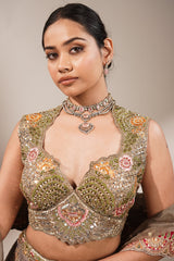 Olive Green Silk Lehenga Set featuring Cutout Halter-Neck Blouse