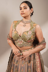 Olive Green Silk Lehenga Set featuring Cutout Halter-Neck Blouse
