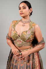 Olive Green Silk Lehenga Set featuring Cutout Halter-Neck Blouse