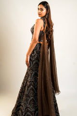 Charcoal Brown Net Lehenga Set with Wave-Patterned Cutdana and Sequin Sweetheart Bustier