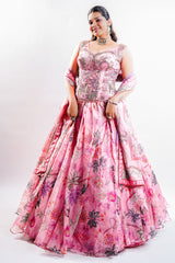 Rose Pink Printed Organza Lehenga featuring Cutdana and Pearl-Embellished Bustier