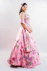 Rose Pink Printed Organza Lehenga featuring Cutdana and Pearl-Embellished Bustier