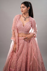 Blossom Pink Net Lehenga featuring Hand-Embellished V-Neck Blouse with Hanging Beads