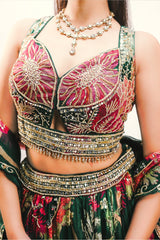 Emerald Green Printed Organza Lehenga featuring Sunburst Sequin and Diamond Bustier