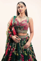Emerald Green Printed Organza Lehenga featuring Sunburst Sequin and Diamond Bustier