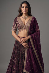 Wine Purple Tissue Woven Lehenga with Embroidery Work