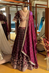 Wine Purple Tissue Woven Lehenga with Embroidery Work