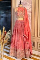 Pink Crepe Satin Silk Cutdana Beaded Halter Neck Lehenga