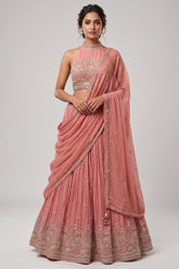 Pink Crepe Satin Silk Cutdana Beaded Halter Neck Lehenga