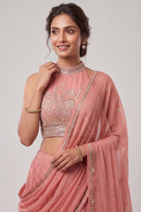 Pink Crepe Satin Silk Cutdana Beaded Halter Neck Lehenga