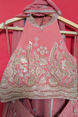 Pink Crepe Satin Silk Cutdana Beaded Halter Neck Lehenga
