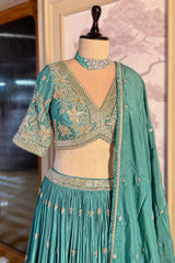 Sea Green Crepe Satin Silk Cutdana Beaded Halter Neck Lehenga