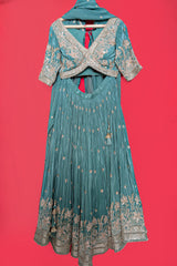 Sea Green Crepe Satin Silk Cutdana Beaded Halter Neck Lehenga