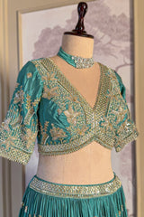 Sea Green Crepe Satin Silk Cutdana Beaded Halter Neck Lehenga