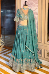 Sea Green Crepe Satin Silk Cutdana Beaded Halter Neck Lehenga