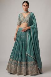 Sea Green Crepe Satin Silk Cutdana Beaded Halter Neck Lehenga