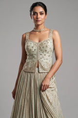 Cream Tissue Woven Pelated Lehenga with Mirror Work Blouse
