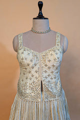 Cream Tissue Woven Pelated Lehenga with Mirror Work Blouse