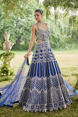 Blue Raw Silk Mirror Beaded Work Designer Side Cut Out Gown