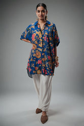 Blue Silk Floral Printed High and Low Top with Pocket