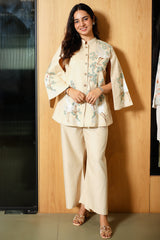 Beige Cotton Embroidered Co-Ord Set