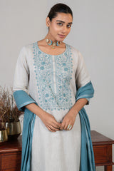 Off White Linen Straight Cut Contrast Embroidered Kurti Set
