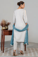 Off White Linen Straight Cut Contrast Embroidered Kurti Set