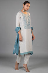 Off White Linen Straight Cut Contrast Embroidered Kurti Set