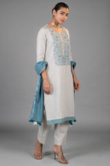 Off White Linen Straight Cut Contrast Embroidered Kurti Set