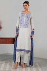 Off White Linen Straight Cut Contrast Embroidered Kurti Set