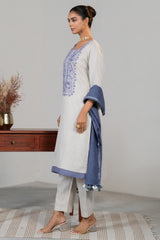 Off White Linen Straight Cut Contrast Embroidered Kurti Set