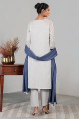 Off White Linen Straight Cut Contrast Embroidered Kurti Set