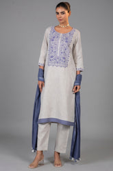 Off White Linen Straight Cut Contrast Embroidered Kurti Set