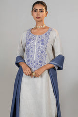 Off White Linen Straight Cut Contrast Embroidered Kurti Set