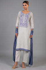 Off White Linen Straight Cut Contrast Embroidered Kurti Set