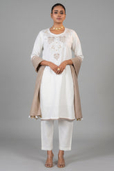 Off White Linen Embroidery and Beaded Straight Cut Kurti Set