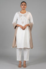 Off White Linen Embroidery and Beaded Straight Cut Kurti Set