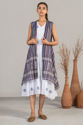 Ivory White Mul Cotton Midi Layered Dress with Striped Overlay Jacket