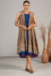 Indigo Blue Mul Cotton Midi Dress with Satetment Overlay Jacket