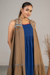 Indigo Blue Mul Cotton Midi Dress with Satetment Overlay Jacket