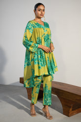 Lime Green Muslin Silk Floral Printed Co-Ord Set