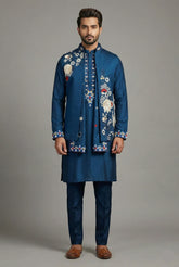 Blue Jodhpuri Kurta Set in Silk with Multi Colored Embroidery and Beads Work Jacket