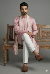 Onion Pink Silk Mirror Embroidered Kurta Pajama